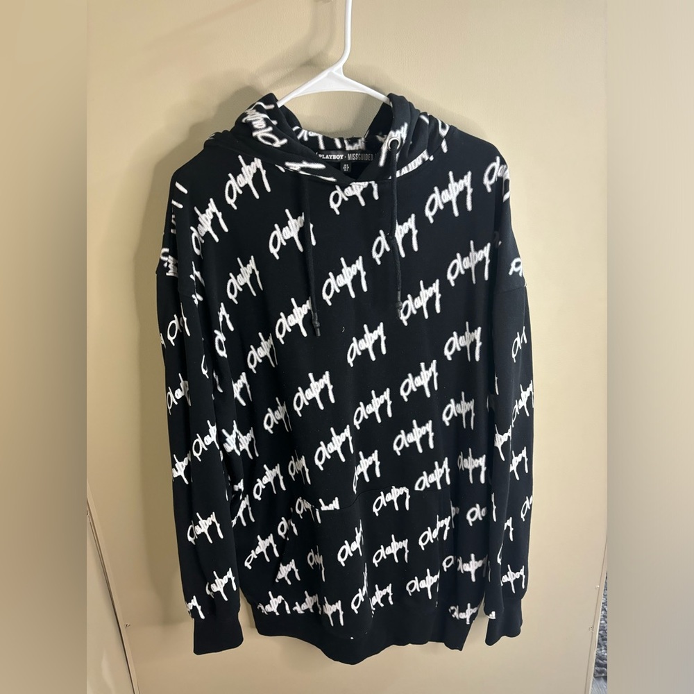 Playboy X Misguided oversized hoodie dress graffiti design
